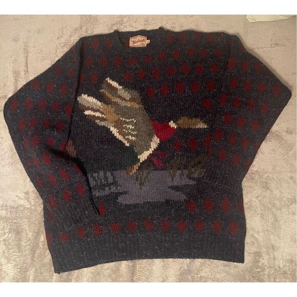 Woolrich Duck Mallard Graphic Knit Sweater Pullover 100% Wool Blue Mens Sz L - Picture 2 of 10